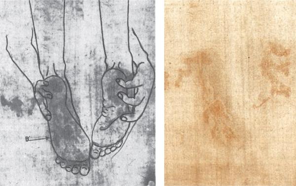 Vingerafdrukken op de voetzolen van de afbeelding van de Lijkwade.